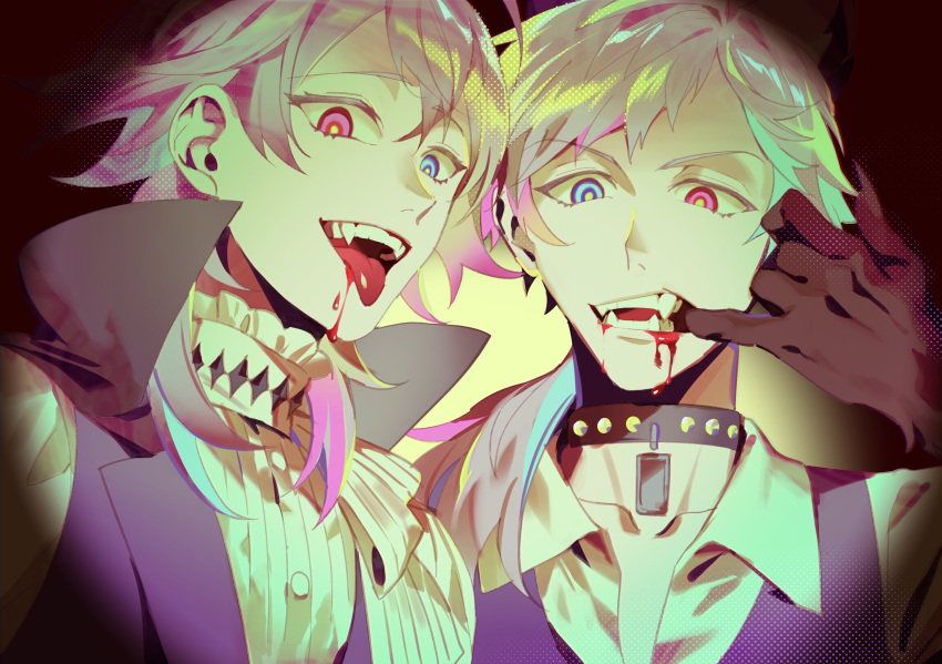 2boys bettel_2_(gavis_bettel) black_cape blood blood_from_mouth blood_on_face blue_eyes blue_hair cape collar english_commentary eyelashes fangs finger_in_own_mouth frilled_collar frills gavis_bettel grey_hair halloween heterochromia high_collar highres holostars holostars_english looking_at_viewer low_ponytail lynnear male_focus medium_hair multicolored_hair multiple_boys open_mouth pink_eyes pink_hair shirt siblings tongue tongue_out twins upper_body vampire virtual_youtuber white_shirt