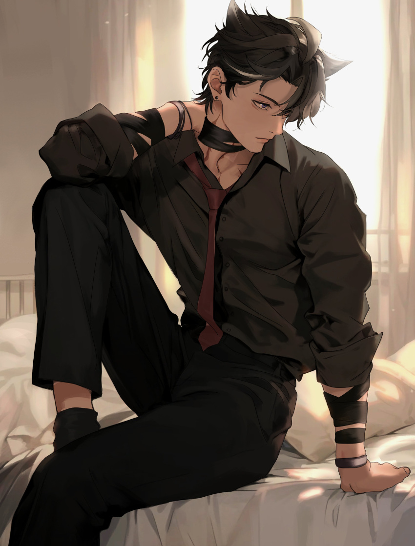 1boy absurdres ahoge alternate_costume animal arm_support black_choker black_hair black_pants black_shirt choker closed_mouth english_commentary formal genshin_impact hand_on_own_neck highres indoors long_sleeves male_focus multicolored_hair necktie on_bed pants red_necktie scar scar_on_neck shiraki_1110 shirt short_hair sitting solo streaked_hair wriothesley_(genshin_impact)