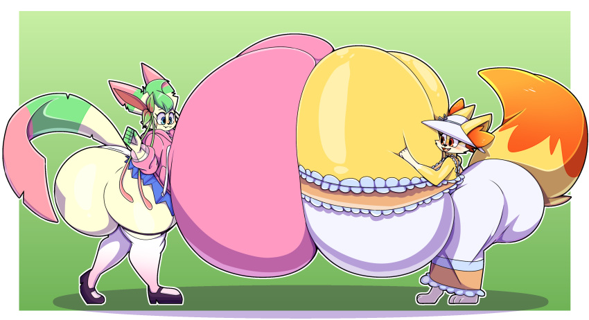 absurd_res anthro big_breasts big_butt blush breasts butt clothed clothing digital_media_(artwork) dress duo eeveelution female female/female fennekin feral footwear fur generation_4_pokemon generation_6_pokemon headgear headwear hi_res huge_breasts huge_butt hyper jacket leafeon mammal niki_(dofunut) nintendo open_mouth pink_clothing pink_jacket pink_topwear pokemon pokemon_(species) simple_background smile socks thiccbuns tongue topwear yellow_body yellow_fur