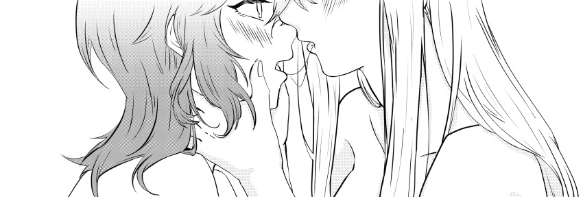 2girls after_kiss asahina_yuni bare_shoulders blush cheating_(relationship) chinese_commentary commentary_request greyscale hands_on_another's_cheeks hands_on_another's_face haoxiangkan_nutong head_out_of_frame highres kyou_wa_kanojo_ga_inai_kara long_hair looking_at_another medium_hair monochrome multiple_girls open_mouth saliva saliva_trail screentones sidelocks taki_fuuko upper_body wolf_cut yuri