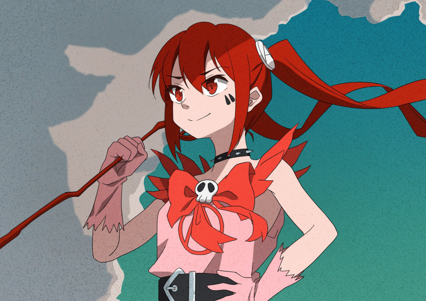 1girl anarchy_(magical_destroyers) belt blue_sky bow choker cloud facial_mark gloves hair_ornament hand_on_own_hip highres holding holding_wand mahou_shoujo_magical_destroyers pink_gloves red_bow red_eyes red_hair shimizu_keitaro skull_ornament sky sleeveless solo spiked_choker spikes twintails upper_body wand