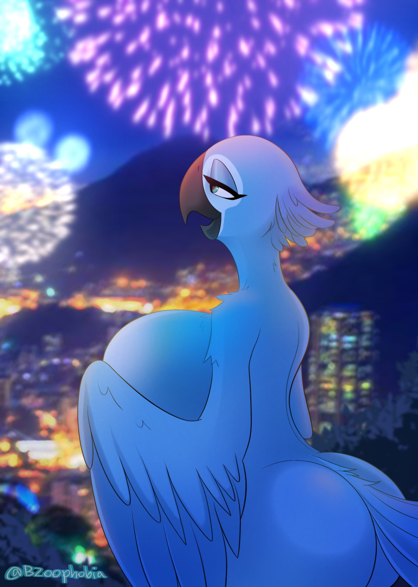 absurd_res anthro avian beak big_breasts bird blue_body blue_feathers blue_macaw blue_sky_studios breasts butt bzoophobia city city_background cityscape feathers female fireworks hi_res holidays jewel_(rio) looking_away macaw neotropical_parrot night nude open_mouth parrot pinup pose rio_(series) simple_background sky smile solo true_parrot