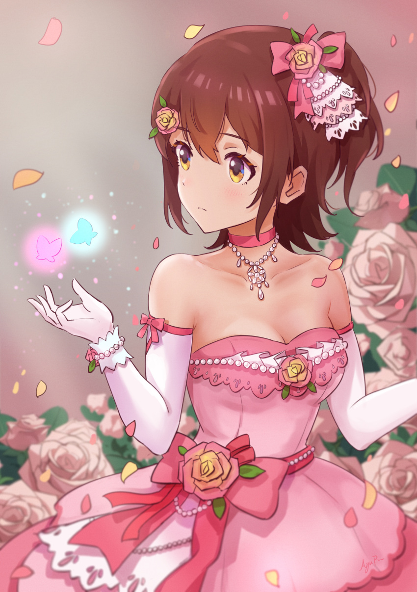 1girl absurdres bare_shoulders blush breasts brown_hair bug butterfly choker cleavage collarbone detached_sleeves dress falling_petals flower flower_ornament glowing_butterfly highres idolmaster idolmaster_million_live! kasuga_mirai koaya looking_to_the_side one_side_up petals pink_choker pink_dress pink_flower pink_rose rose small_breasts solo