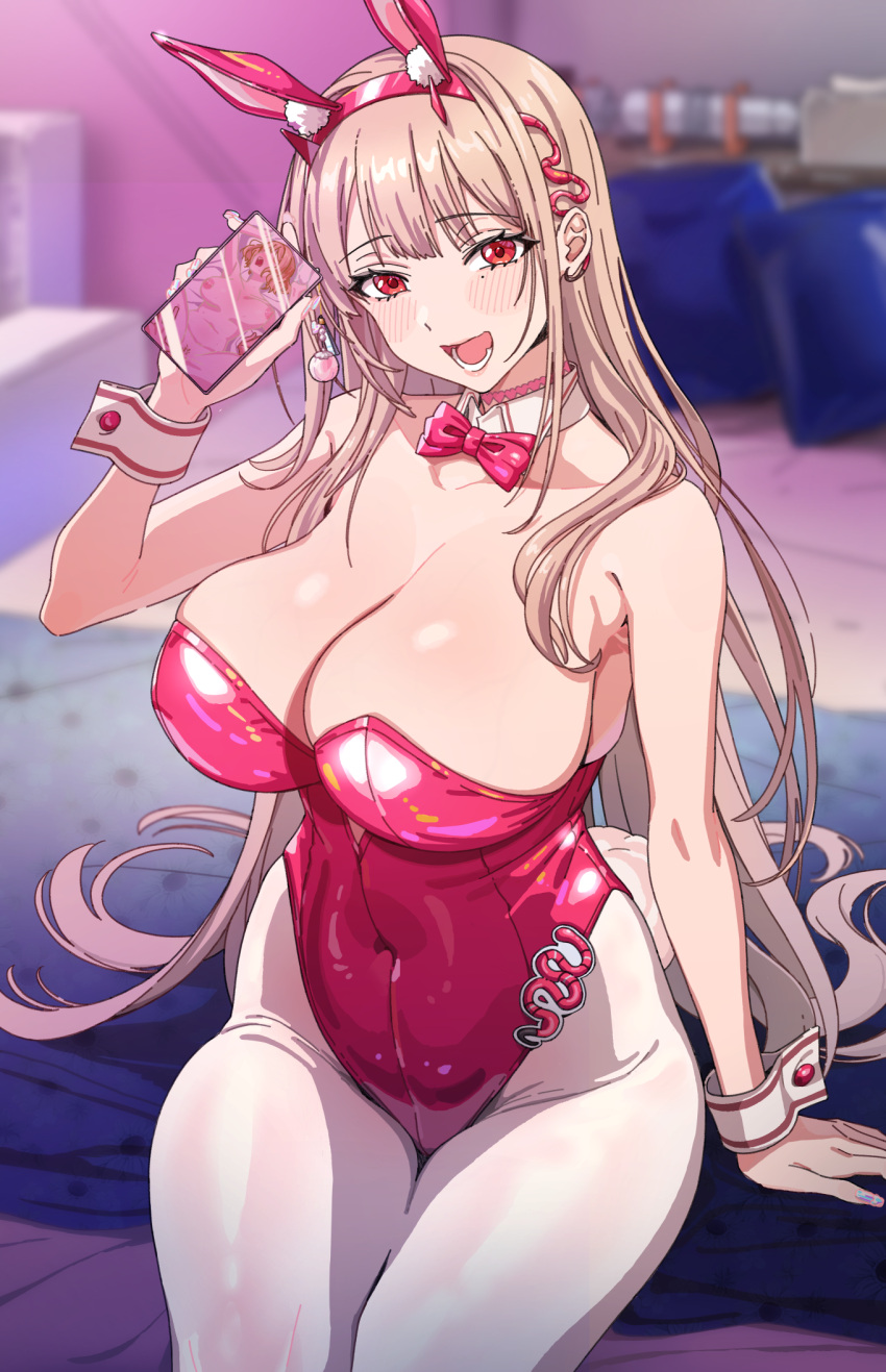 animal_ears anis_(nikke) arm_support bare_shoulders blonde_hair blush bow bowtie breasts cellphone cleavage completely_nude detached_collar fake_animal_ears fake_tail goddess_of_victory:_nikke high_heels highres holding holding_phone horns implied_sex large_breasts leotard long_hair looking_at_viewer mole mole_under_eye nipples nude on_bed open_mouth pantyhose phone pink_eyes pink_horns pink_leotard playboy_bunny rabbit_ears rabbit_tail sitting smile tail thighs u_nagi viper_(nikke) viper_(toxic_rabbit)_(nikke) wrist_cuffs