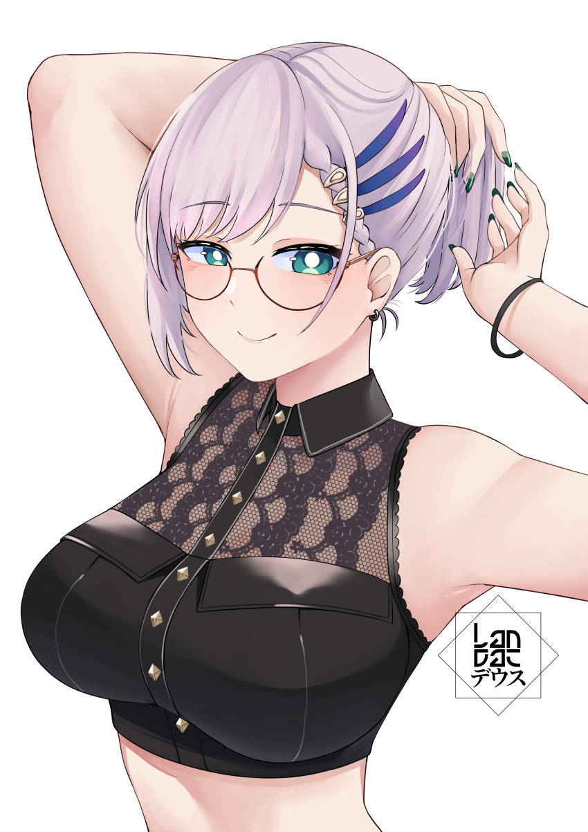 1girl absurdres aqua_eyes armpits bare_arms bare_shoulders black_shirt blush braided_hair_rings bright_pupils closed_mouth commentary cropped_shirt english_commentary glasses green_nails grey_hair highres hololive hololive_indonesia impossible_clothes impossible_shirt landacdeus light_blush looking_at_viewer nail_polish official_alternate_hair_length official_alternate_hairstyle pavolia_reine pavolia_reine_(2nd_costume) shirt short_hair smile solo tying_hair virtual_youtuber white_pupils