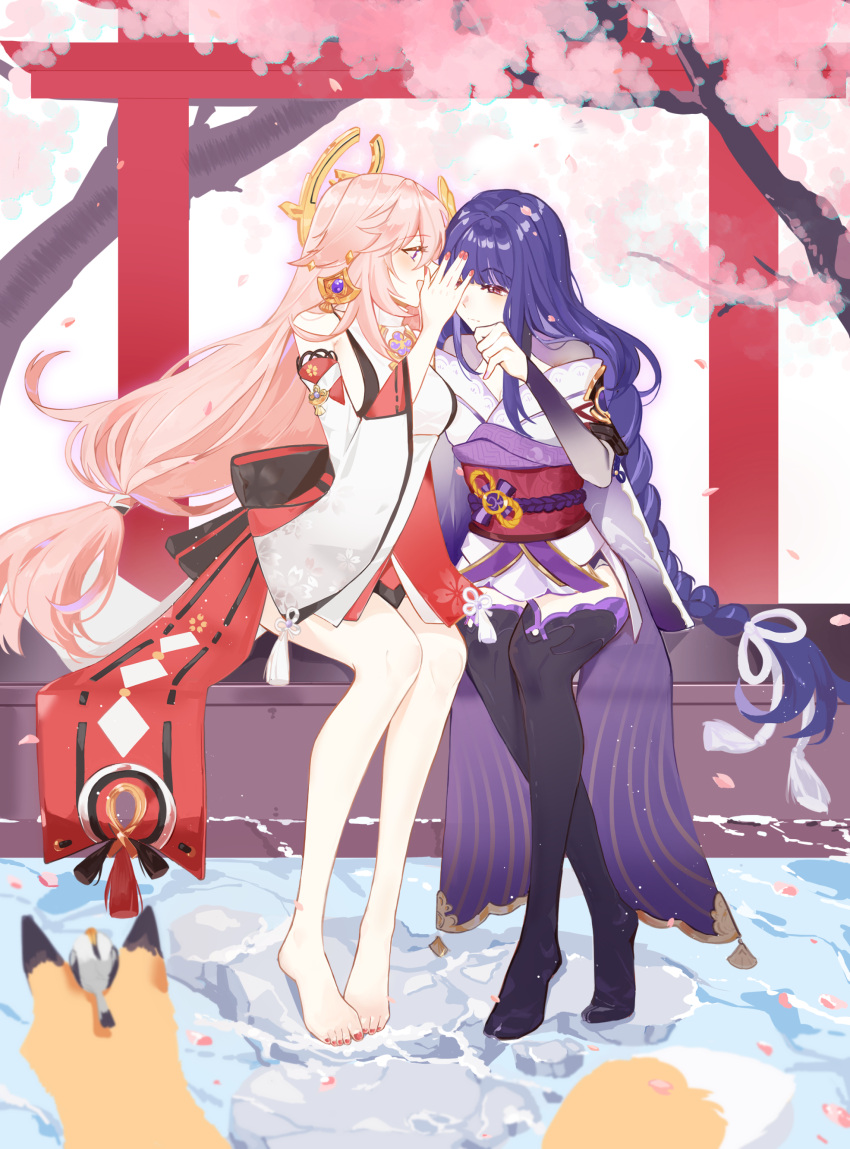 2girls absurdres animal_ears bare_legs bird black_thighhighs blunt_bangs braid braided_ponytail breasts bridal_gauntlets cherry_blossoms cleavage closed_mouth crossed_ankles detached_sleeves drop_shadow earrings falling_petals floppy_ears flower fox fox_ears genshin_impact glowing hair_between_eyes hair_ornament hand_on_own_face hand_up highres japanese_clothes jewelry kimono long_hair looking_ahead looking_at_another medium_breasts mitsudomoe_(shape) multiple_girls no_shoes nontraditional_miko obi obiage obijime off_shoulder open_mouth petals pink_hair pink_nails purple_eyes purple_flower purple_hair purple_kimono purple_nails raiden_shogun sash shirt single_hair_tube sitting sleeveless sleeveless_shirt thighhighs tomoe_(symbol) torii tree turtleneck water whispering white_background white_shirt wide_sleeves yae_miko yan_er10