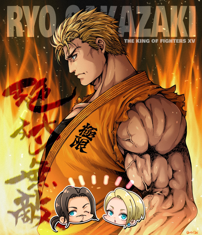 1boy bara black_tank_top blonde_hair blue_eyes character_name closed_mouth copyright_name dougi fire from_side highres king_(snk) large_pectorals male_focus miru_(mill_36) muscular muscular_male pectorals robert_garcia ryou_sakazaki short_hair tank_top the_king_of_fighters translation_request upper_body