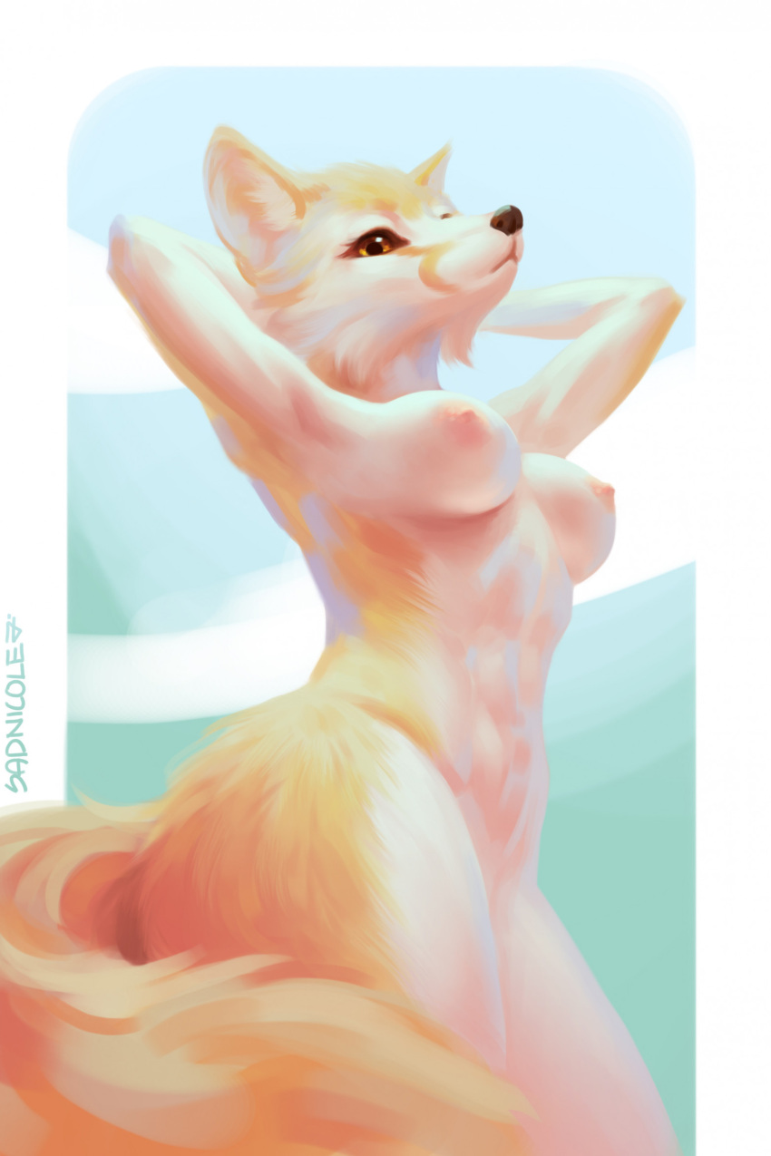 2023 abstract_background amber_eyes anthro artist_name black_nose breasts canid canine cheek_tuft digital_media_(artwork) facial_tuft female fennec fluffy fluffy_tail fox fur hairless hand_behind_head hi_res looking_at_viewer mammal multicolored_body multicolored_fur nipples nude pink_nipples raised_arm riki_(sadnicole) sadnicole solo standing tail tan_body tan_fur tuft two_tone_body two_tone_fur white_body white_fur