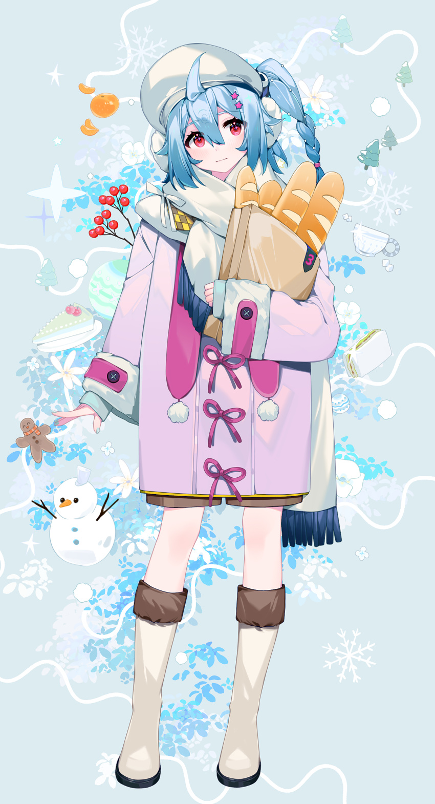 1girl absurdres bag baguette bilibili blue_hair boots bread brown_shorts cake cake_slice character_request closed_mouth coat commentary_request cup food fringe_trim full_body fur-trimmed_sleeves fur_trim grey_background hair_between_eyes hair_ornament head_tilt highres long_hair long_sleeves looking_at_viewer object_hug official_art paper_bag pink_coat prophet_chu red_eyes sandwich scarf shorts simple_background sleeves_past_wrists smile snowman solo standing star_(symbol) star_hair_ornament white_footwear white_scarf