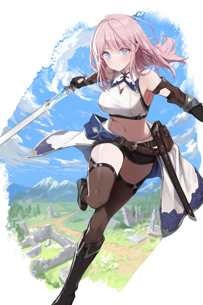 1girl armpits bare_shoulders belt belt_pouch black_footwear black_gloves black_shorts blue_eyes boots breasts brown_thighhighs crop_top elf gloves highres holding holding_sword holding_weapon knee_boots large_breasts leg_up long_hair looking_at_viewer midriff navel novel_illustration official_art original outstretched_arms pink_hair pointy_ears pouch seorang sheath shirt short_shorts shorts sleeveless sleeveless_shirt smile solo stomach sword thighhighs thighs v-shaped_eyebrows waist_cape weapon white_shirt