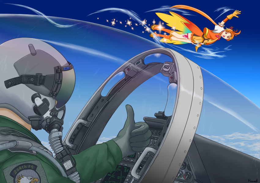 1boy 1other ahoge aircraft airplane ambiguous_gender bird canopy_(aircraft) cockpit cure_wing eagle f-15_eagle fighter_jet gauge gloves green_jacket highres hirogaru_sky!_precure hound_(ss-7) jacket japan_air_self-defense_force japan_self-defense_force jet magical_boy military military_vehicle orange_hair oxygen_mask pilot_helmet pilot_suit precure red_eyes sparkling_eyes thumbs_up top_gun waving