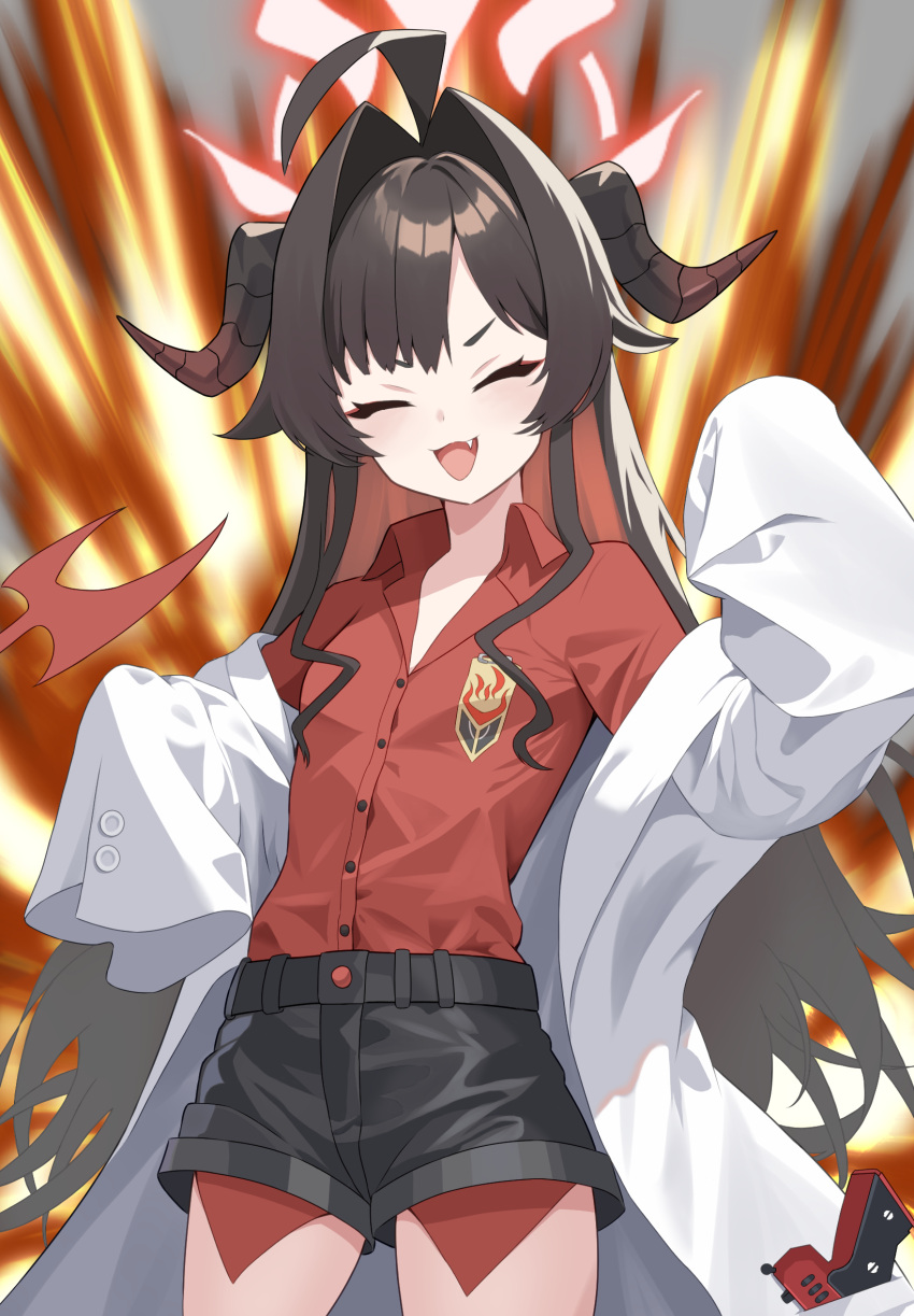 1girl ahoge black_hair black_horns black_shirt black_tail blue_archive closed_eyes coat collared_shirt cowboy_shot demon_horns fang hair_intakes halo highres horns kasumi_(blue_archive) lab_coat long_hair open_mouth raimu_(clanberry000) red_halo red_shirt shirt shirt_tucked_in sleeves_past_fingers sleeves_past_wrists smile solo white_coat