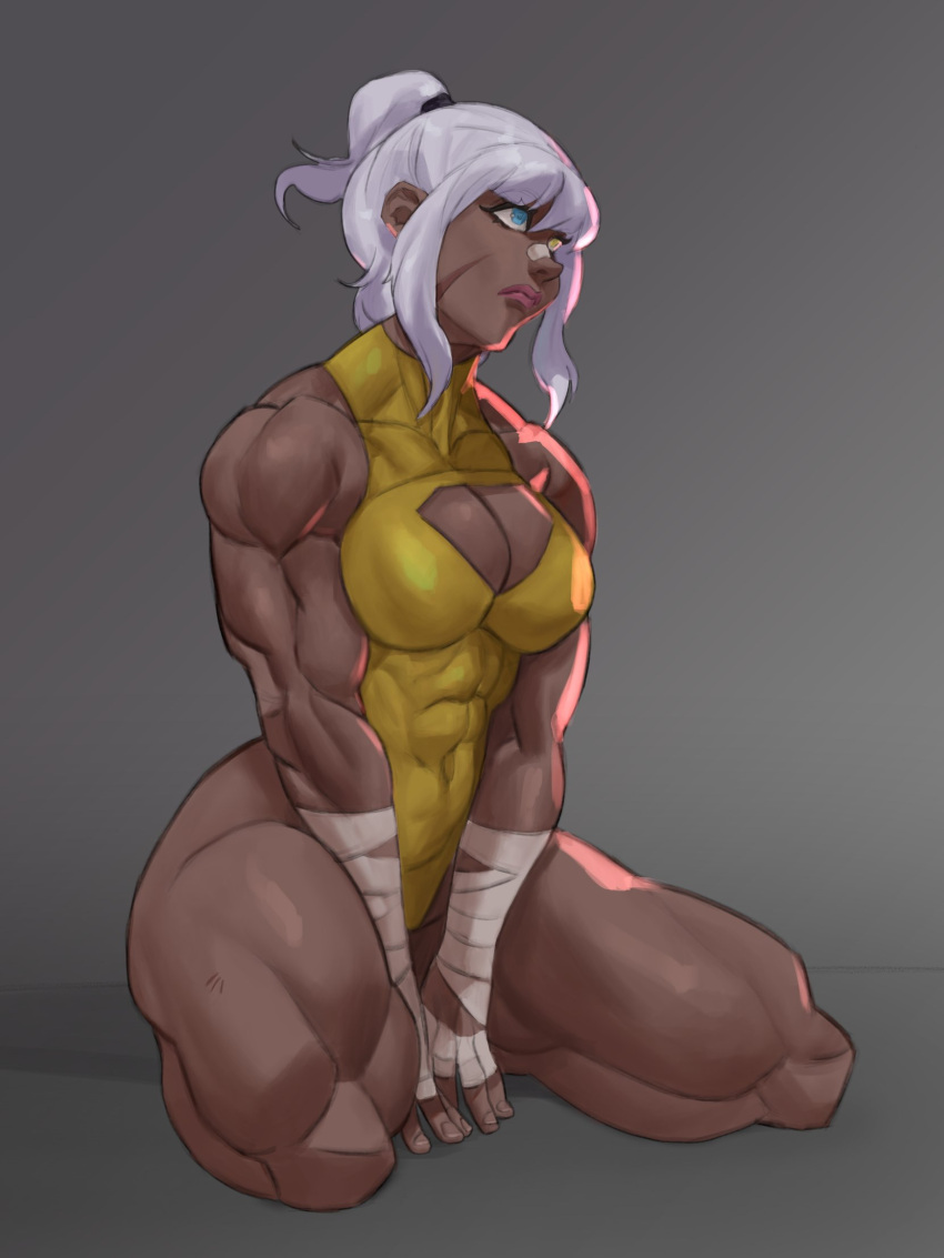 1girl abs bandaged_arm bandages blue_eyes cleavage_cutout clothing_cutout dark_skin dlusional hair_bun heterochromia highres kneeling leotard looking_to_the_side muscular muscular_female original pink_lips scar scar_on_cheek scar_on_face solo thick_thighs thighs white_hair yellow_eyes