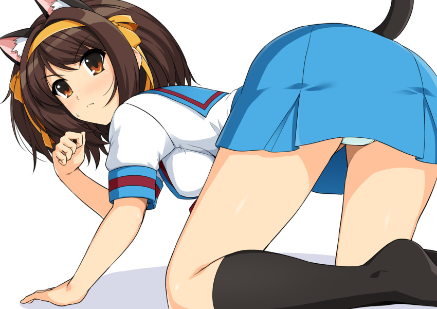 1girl all_fours animal_ears ass black_socks blue_sailor_collar blue_skirt brown_eyes brown_hair cat_ears cat_tail commentary_request from_behind hairband haruhisky kemonomimi_mode kita_high_school_uniform kneehighs looking_at_viewer looking_back orange_hairband panties sailor_collar school_uniform serafuku short_hair simple_background skirt socks solo summer_uniform suzumiya_haruhi suzumiya_haruhi_no_yuuutsu tail underwear white_background white_panties