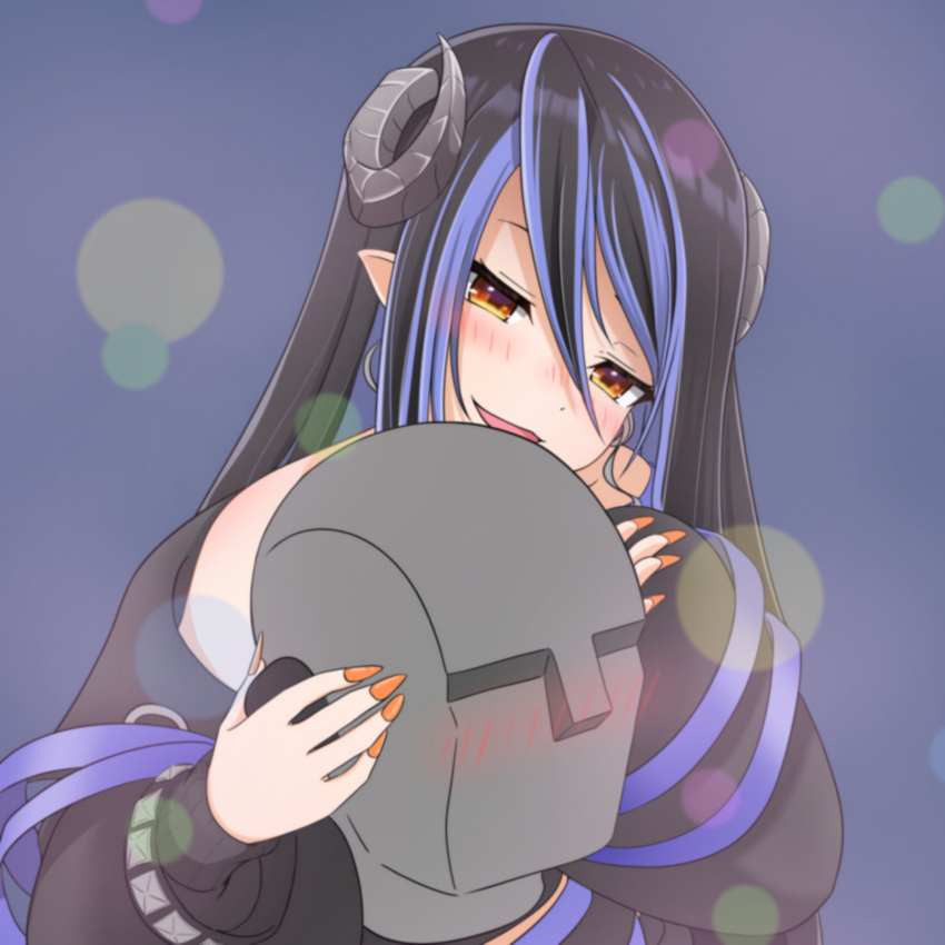 1girl binaural_microphone black_hair black_jacket blue_hair blurry blush bokeh brown_eyes brown_nails commentary_request cuore_0624 curled_horns demon_girl demon_horns depth_of_field fingernails grey_background grey_horns hair_between_eyes hebiyoi_tier highres horns jacket long_bangs long_hair long_sleeves microphone multicolored_hair nanashi_inc. neumann_ku_100 nose_blush open_mouth pointy_ears sharp_fingernails sidelocks smile solo two-tone_hair upper_body virtual_youtuber