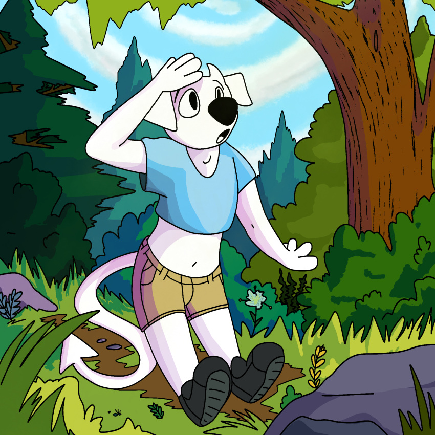 1:1 2020 adam's_apple anthro black_clothing black_footwear black_nose black_shoes blue_crop_top blue_sky bluekyokitty bottomwear canid canine canis cel_shading clothed clothing cloud crop_top demon detailed_background digital_drawing_(artwork) digital_media_(artwork) domestic_dog eyebrows floppy_ears flower footwear forest full-length_portrait fur grass hi_res horn humanoid_hands male mammal midriff monotone_body monotone_fur navel open_mouth plant portrait rock sebastian_(sebdoggo) sebdoggo shaded shirt shorts shrub sky solo spade_tail tail tan_bottomwear tan_clothing tan_shorts tongue topwear trans_(lore) trans_man_(lore) tree white_body white_fur white_horn white_tongue