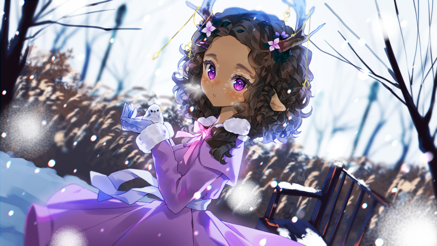 1girl animal animal_ears antlers bench bird black_hair blue_gloves blush capelet cheli_(kso1564) copyright_request dark-skinned_female dark_skin day flower forehead fur-trimmed_sleeves fur_trim gloves hair_flower hair_ornament hands_up highres holding holding_animal jacket long_sleeves looking_at_viewer looking_to_the_side outdoors parted_lips pleated_skirt purple_capelet purple_eyes purple_jacket purple_skirt skirt snow snowing solo thick_eyebrows virtual_youtuber white_flower