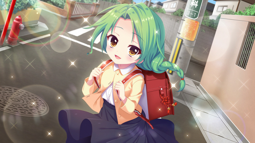 1girl aged_down backpack bag blue_skirt blue_sky braid child crosswalk day dot_nose dutch_angle film_grain fire_hydrant forehead game_cg green_hair hands_up house izumi_tsubasu lens_flare long_braid long_hair looking_at_viewer manhole_cover non-web_source official_art open_mouth outdoors partially_unbuttoned pole randoseru re:stage! red_bag road shirokita_kuroha shirt sidewalk single_braid skirt sky smile solo sparkle star_(symbol) street white_shirt yellow_eyes yellow_shirt