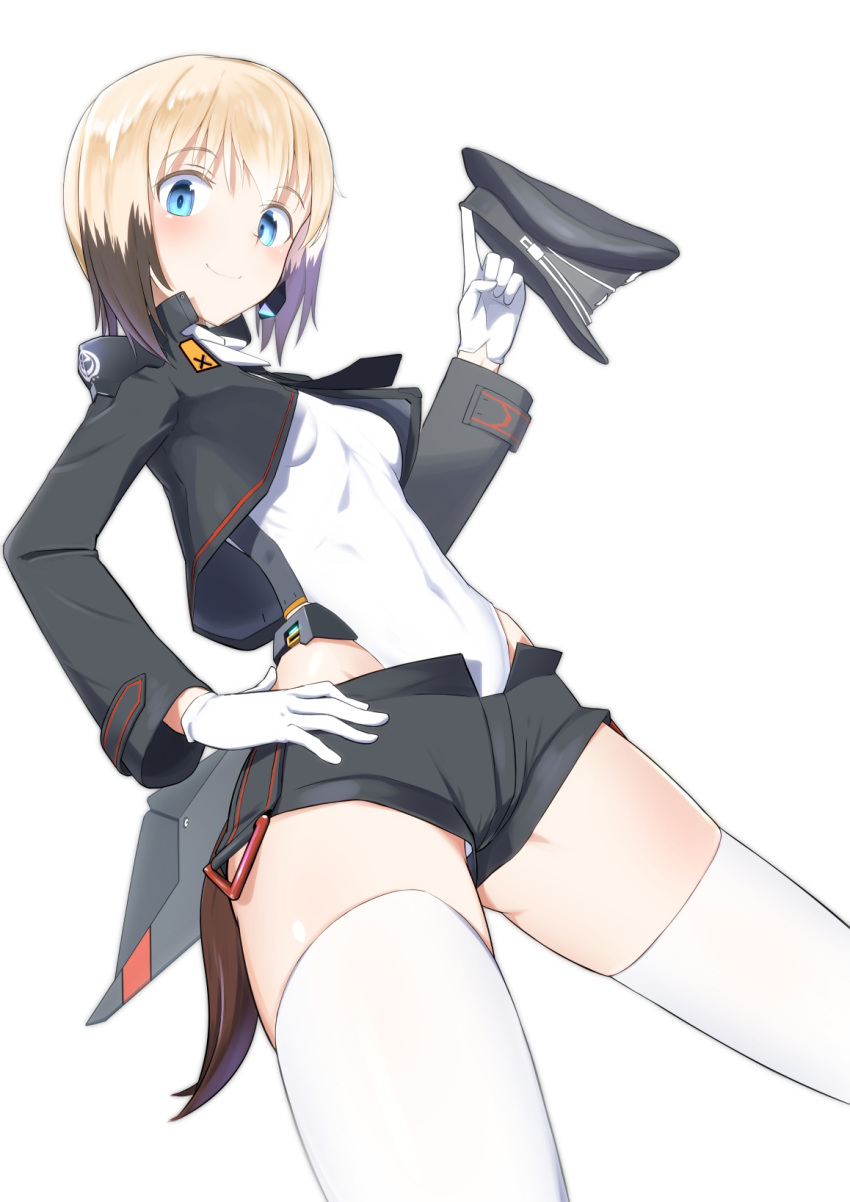 1girl black_shorts blonde_hair blue_eyes blush breasts closed_mouth dog_tail ebi_(selinanyan) erica_hartmann from_below gloves hand_on_own_hip hat highres leotard looking_at_viewer looking_down military military_hat military_uniform short_hair shorts simple_background small_breasts smile solo strike_witches tail thighhighs uniform white_background white_gloves white_leotard white_thighhighs world_witches_series