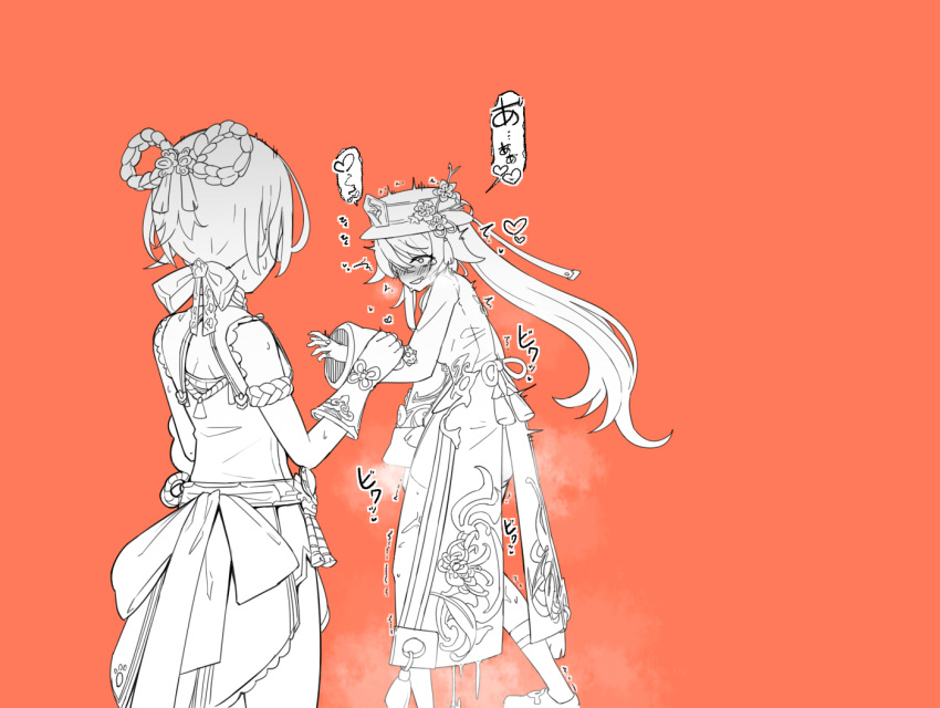 2girls armband back_bow bare_shoulders belt blush bow bow-shaped_hair braid breath china_dress chinese_clothes commentary_request constricted_pupils cowboy_shot dress embarrassed facing_another fingerless_gloves flower from_behind genshin_impact gloves greyscale_with_colored_background hair_over_one_eye hair_ribbon hand_up hat hat_flower heart hu_tao_(genshin_impact) long_hair long_sleeves looking_at_another looking_back lucifina_006 moaning multiple_girls nervous nervous_smile nose_blush one_eye_covered open_mouth orange_background porkpie_hat pussy_juice raised_eyebrows ribbon shoes short_dress short_hair side_slit simple_background sleeveless sleeveless_dress smile speech_bubble spoken_heart standing steam steaming_body sweat tassel tears thighhighs translation_request trembling twintails xiangling_(genshin_impact)