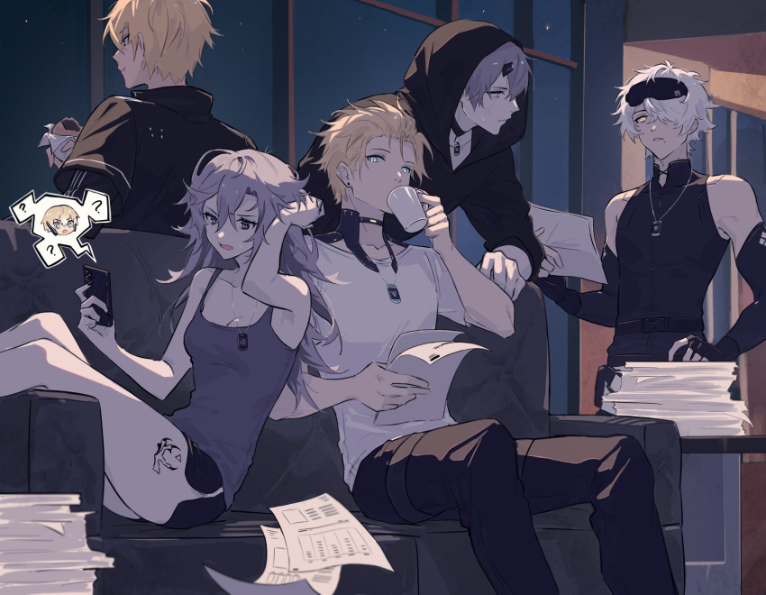1girl 4boys blonde_hair blue_eyes broken_horn camu_(punishing:_gray_raven) chrome_(punishing:_gray_raven) collar couch cup dog_tags drinking earrings eating fingerless_gloves gloves grey_hair hand_on_own_hip highres holding holding_cup hood hoodie horns jewelry kamui_(punishing:_gray_raven) leaning_back leaning_forward lee_(punishing:_gray_raven) looking_at_viewer looking_to_the_side mao_(expuella) mug multiple_boys night original paperwork phone punishing:_gray_raven purple_eyes scratching_head shorts sitting sleep_mask star_(sky) tank_top wanshi_(punishing:_gray_raven) white_hair yellow_eyes
