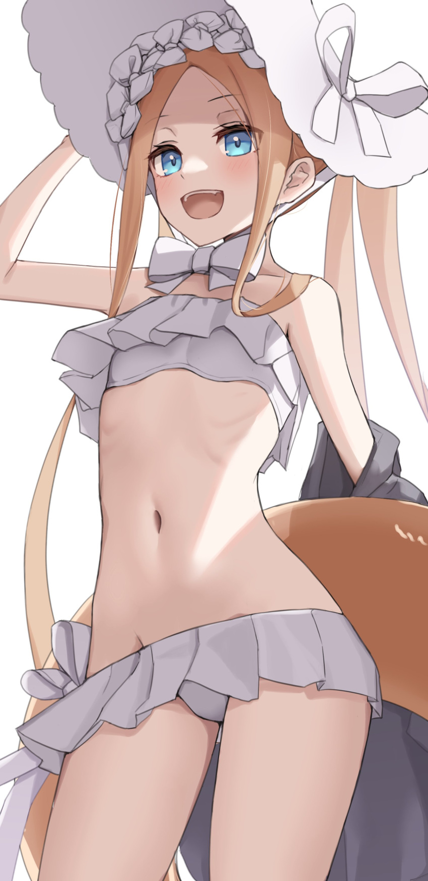 1girl abigail_williams_(fate) abigail_williams_(swimsuit_foreigner)_(fate) abigail_williams_(swimsuit_foreigner)_(third_ascension)_(fate) absurdres bare_shoulders bikini black_jacket blonde_hair blue_eyes blush bonnet bow breasts fate/grand_order fate_(series) forehead hair_bow highres innertube jacket jacket_removed kopaka_(karda_nui) long_hair looking_at_viewer miniskirt navel open_mouth parted_bangs revision sidelocks skirt small_breasts smile solo swimsuit thighs twintails very_long_hair white_bikini white_bow white_headwear