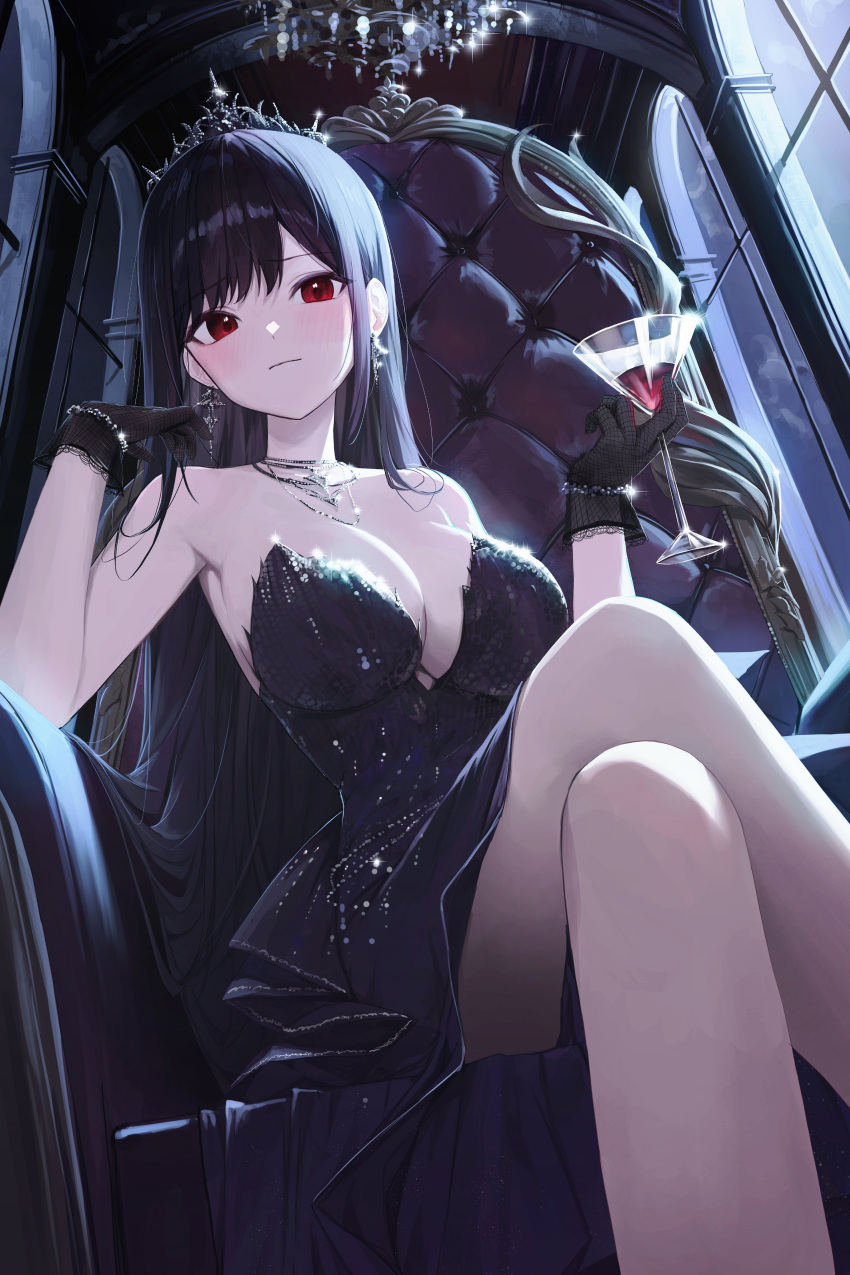 1girl absurdres bare_legs bare_shoulders black_gloves blush breasts chandelier cleavage cocktail_glass crossed_legs cup dress drinking_glass feet_out_of_frame glint gloves gnns highres holding holding_cup large_breasts long_hair looking_at_viewer original purple_dress purple_hair red_eyes sitting solo straight_hair strapless strapless_dress throne tiara very_long_hair