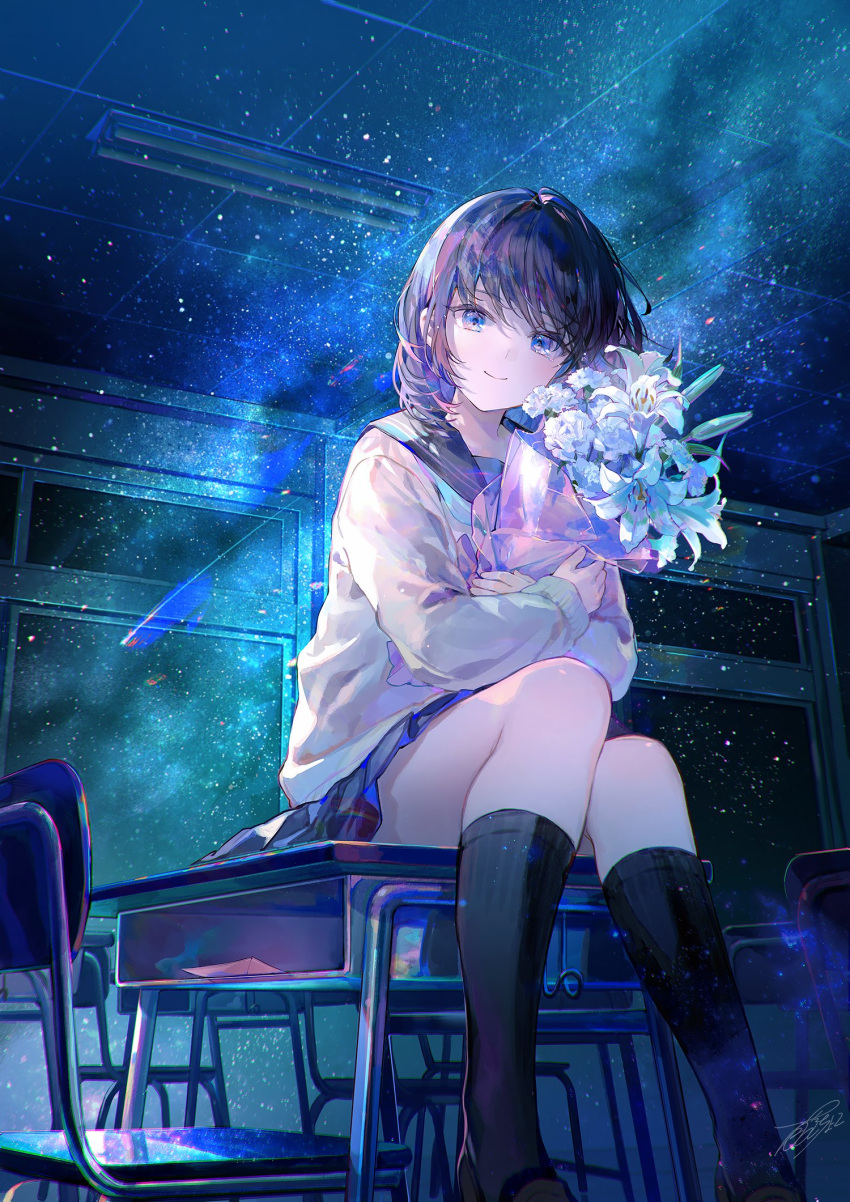 1girl black_sailor_collar black_socks blue_eyes blue_hair bouquet chair classroom closed_mouth desk fuzichoco highres holding holding_bouquet indoors kneehighs long_hair long_sleeves looking_at_viewer on_desk original pleated_skirt sailor_collar school_desk shirt skirt smile socks solo space star_(sky) white_shirt