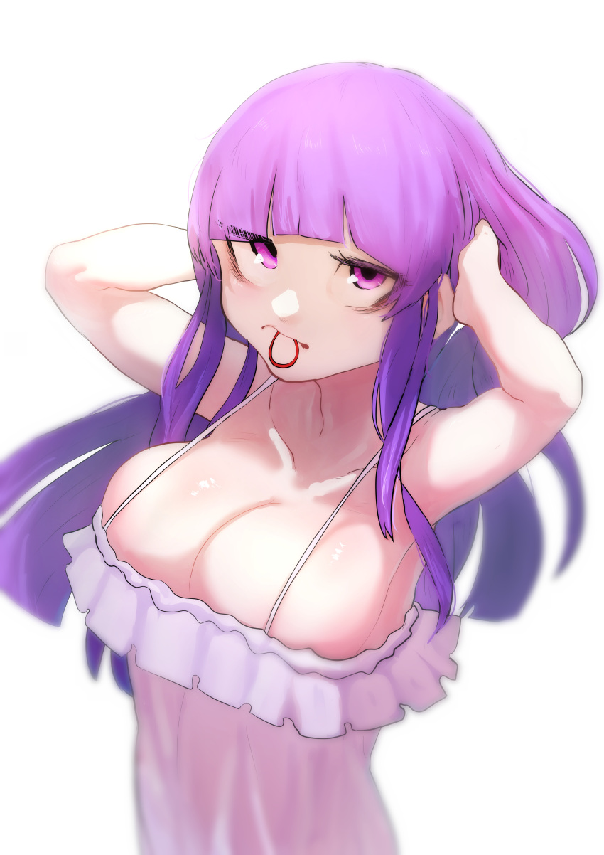 1girl absurdres armpits bags_under_eyes blunt_bangs breasts cleavage closed_mouth commentary_request dress expressionless hair_tie_in_mouth hands_in_hair highres hime_cut large_breasts long_hair looking_at_viewer medium_bangs mouth_hold no_headwear patchouli_knowledge pink_dress pink_eyes purple_hair sidelocks simple_background sleeveless sleeveless_dress solo sotatsudraw touhou upper_body white_background