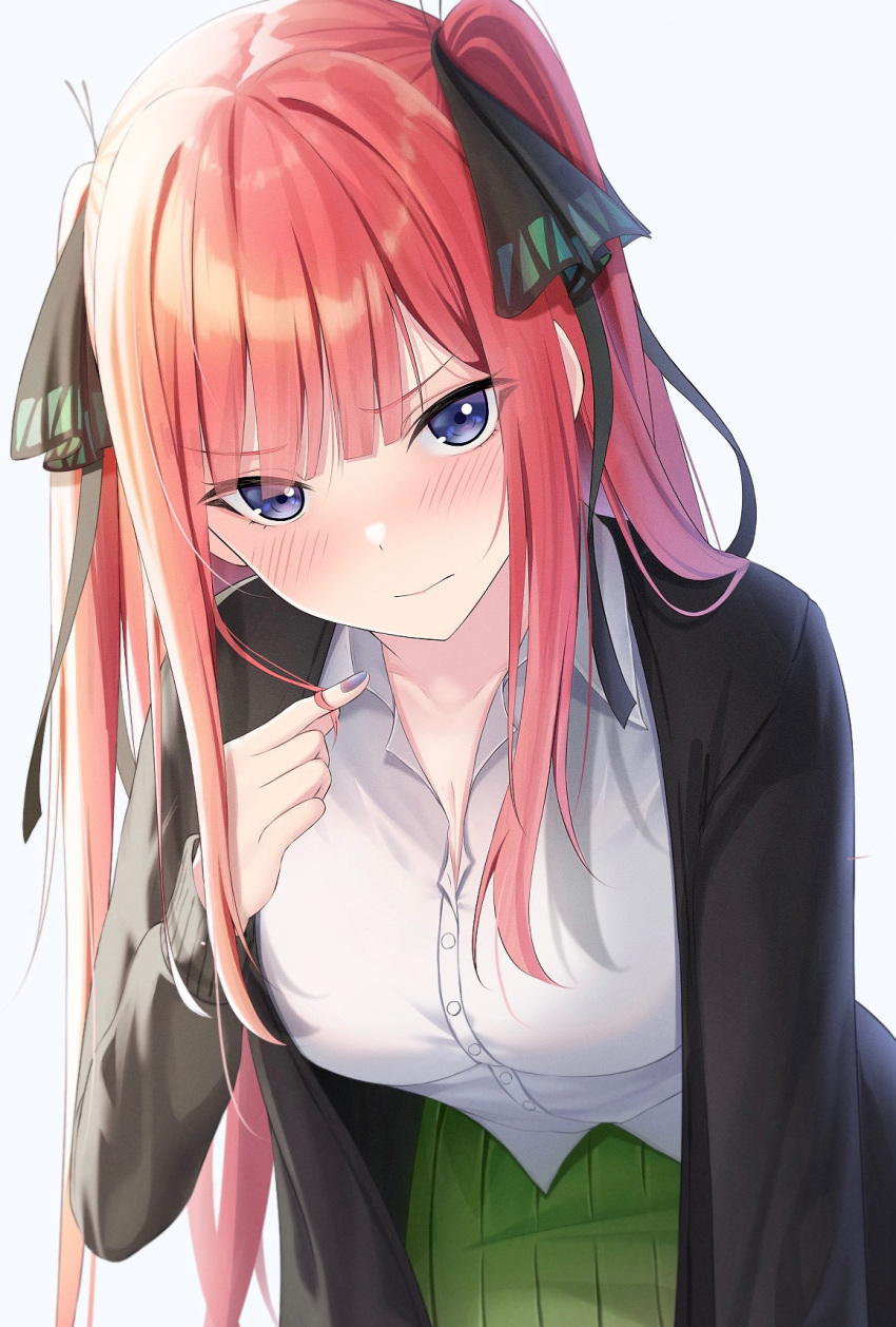 &gt;:( 1girl black_jacket black_ribbon blue_eyes blue_nails blunt_bangs blush breasts butterfly_hair_ornament cleavage closed_mouth collared_shirt commentary cowboy_shot embarrassed eyes_visible_through_hair frown go-toubun_no_hanayome green_skirt hair_ornament hair_over_shoulder hair_ribbon half_updo hand_up head_tilt highres jacket komura_hiroto large_breasts leaning_forward long_hair long_sleeves looking_at_viewer nail_polish nakano_nino nose_blush open_clothes open_jacket pink_hair playing_with_own_hair pleated_skirt ribbon school_uniform shirt sidelighting sidelocks simple_background skirt solo tsundere two_side_up uniform upturned_eyes v-shaped_eyebrows very_long_hair white_background white_shirt
