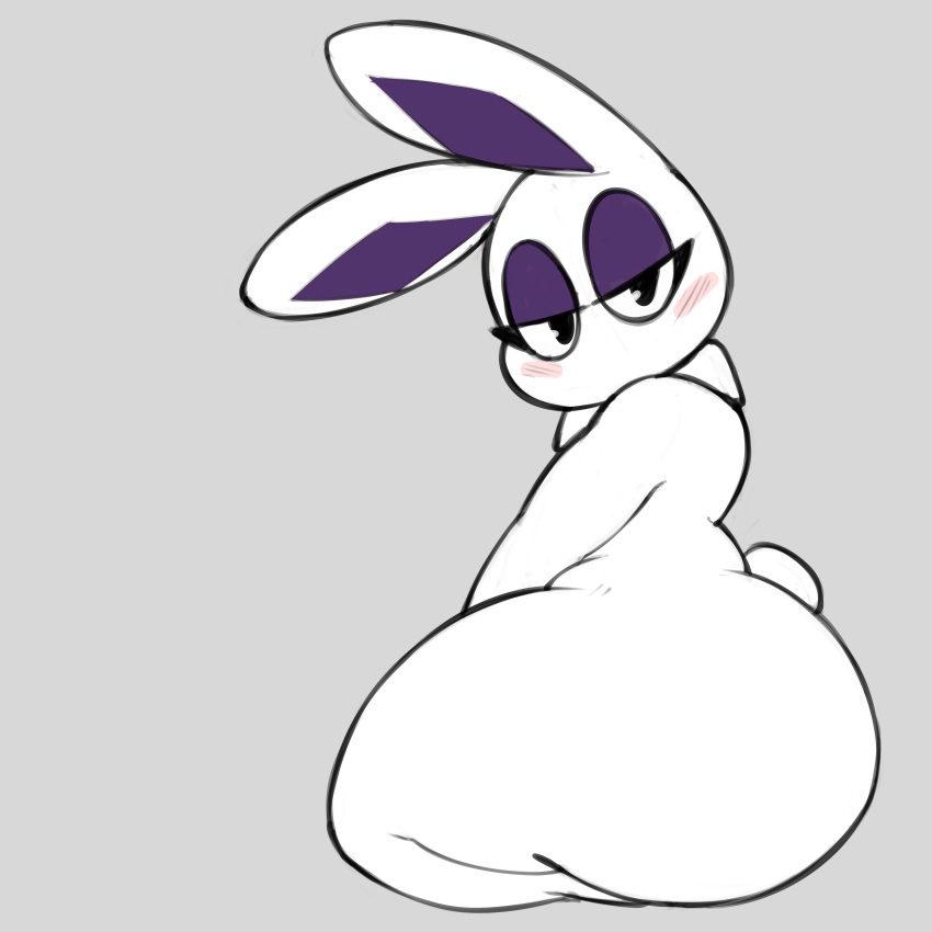 absurd_res anthro bedroom_eyes big_butt black_eyes blush butt hi_res huge_butt lagomorph leporid looking_at_viewer male mammal mel_doce_(virito) narrowed_eyes nude rabbit seductive solo thick_thighs virito white_body