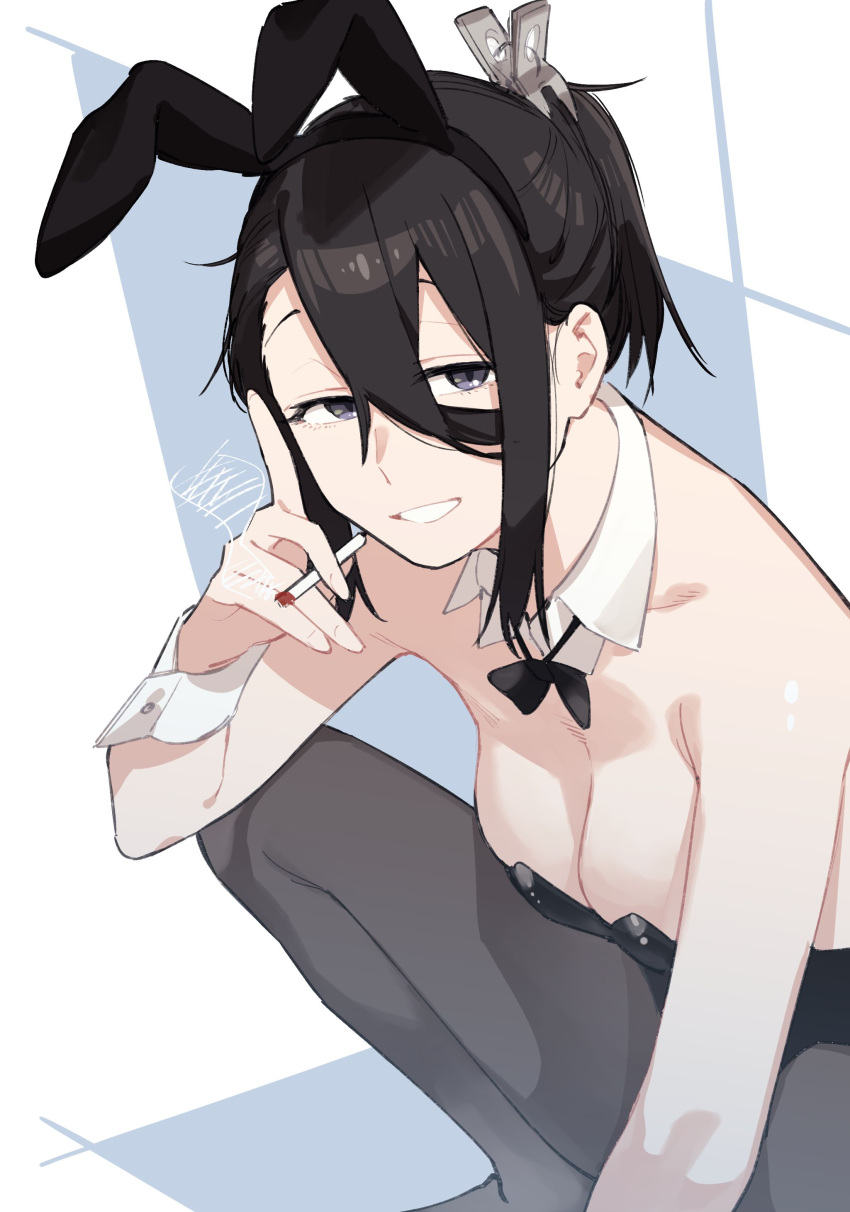 1girl absurdres animal_ears black_hair black_leotard bow bowtie breasts cigarette cleavage detached_collar fake_animal_ears highres holding holding_cigarette leotard looking_at_viewer muchi_maro original pantyhose playboy_bunny rabbit_ears short_ponytail solo squatting strapless strapless_leotard wrist_cuffs