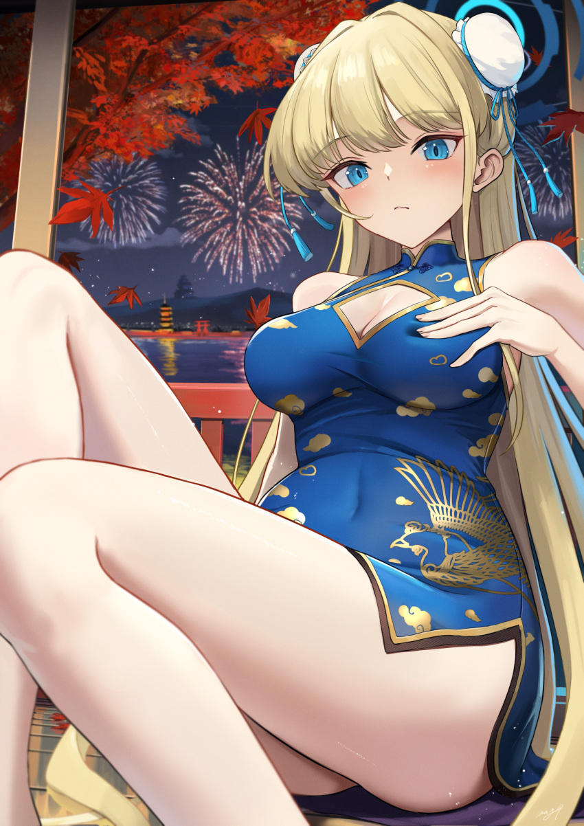1girl aerial_fireworks alternate_costume autumn autumn_leaves blonde_hair blue_archive blue_dress blue_eyes blush breasts bun_cover china_dress chinese_clothes cleavage cleavage_cutout closed_mouth clothing_cutout covered_navel dress fireworks halo highres leaf long_hair maple_leaf may9 medium_breasts solo thighs toki_(blue_archive)