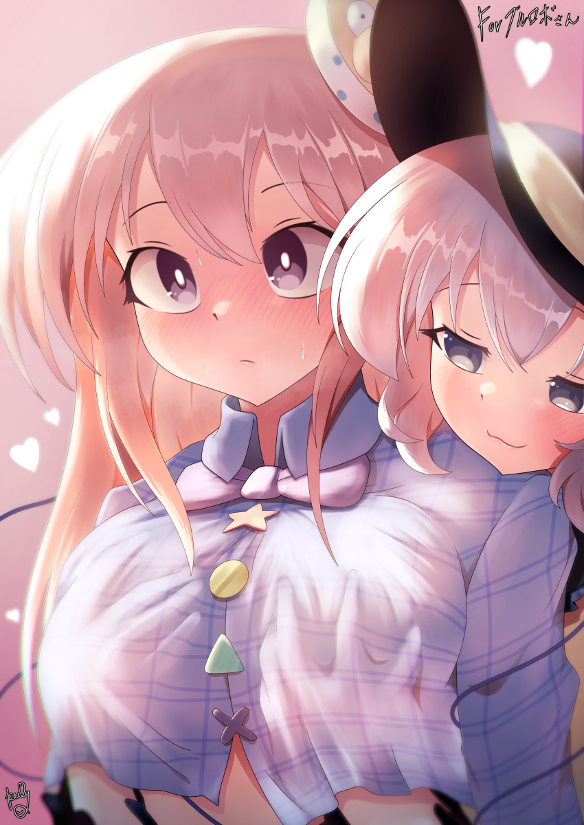 2girls :3 absurdres black_headwear blush breasts bright_pupils closed_mouth commentary_request commission grabbing grabbing_another's_breast grabbing_from_behind grey_eyes grey_hair half-closed_eyes hat hat_ribbon hata_no_kokoro heart highres hyottoko_mask komeiji_koishi large_breasts long_hair long_sleeves mask mask_on_head multiple_girls pink_hair plaid plaid_shirt polyhedron2 purple_eyes ribbon shirt skeb_commission smile speech_bubble touhou upper_body white_pupils yellow_ribbon yuri
