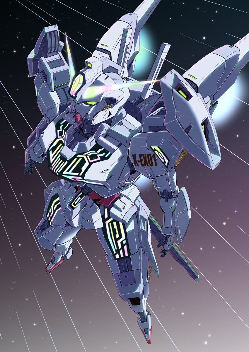 absurdres commentary exhaust glowing green_eyes gundam gundam_calibarn gundam_suisei_no_majo highres kaji_illust mecha mobile_suit no_humans rainbow robot science_fiction solo space star_(sky) thrusters v-fin