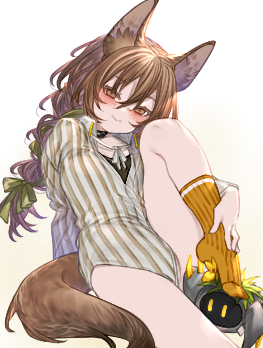 1girl animal arknights beanstalk_(arknights) blush braid brown_eyes brown_hair green_ribbon hair_between_eyes hair_ribbon highres hyena_ears hyena_girl hyena_tail kochiya_(gothope) long_hair long_sleeves looking_at_viewer metal_crab_(arknights) ribbed_socks ribbon shirt simple_background socks solo striped striped_shirt white_background white_shirt yellow_socks