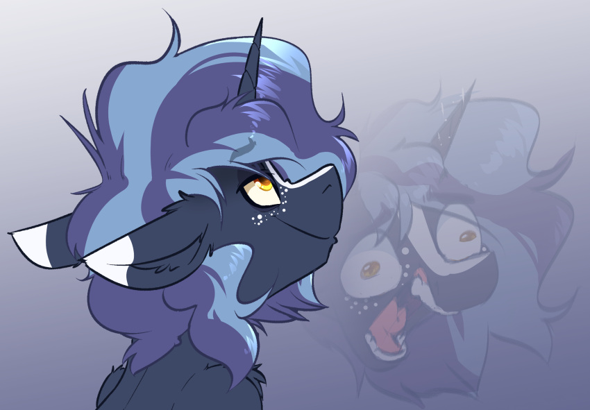 amber_eyes equid equine fan_character gradient_background hair hasbro hi_res horn mammal multicolored_hair my_little_pony open_mouth screaming simple_background two_tone_hair unicorn witching_hour witchtaunter