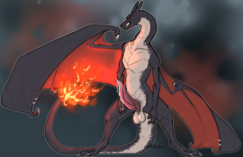 anthro balls big_penis black_scalies bodily_fluids charizard dragon erection fire flaming_tail generation_1_pokemon genital_fluids genitals hi_res horn looking_at_viewer male membrane_(anatomy) membranous_wings nintendo penis pokemon pokemon_(species) precum scalie sharp_teeth shikyotis shiny_pokemon snarling solo standing tail tapering_penis teeth wings