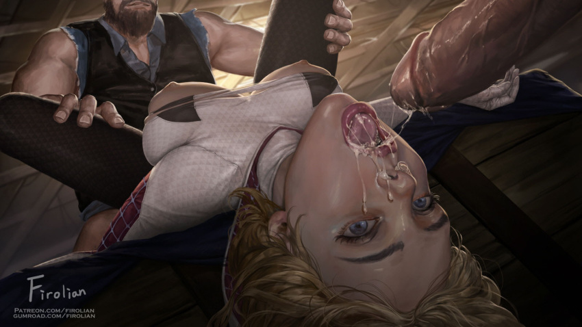 1girl 2boys after_sex blonde_hair blue_eyes bodysuit breasts breasts_out cum cum_in_mouth facial firolian gwen_stacy highres large_breasts lying marvel multiple_boys nipples on_back open_mouth sex solo_focus spider-gwen spider-man_(series) spread_legs torn_bodysuit torn_clothes