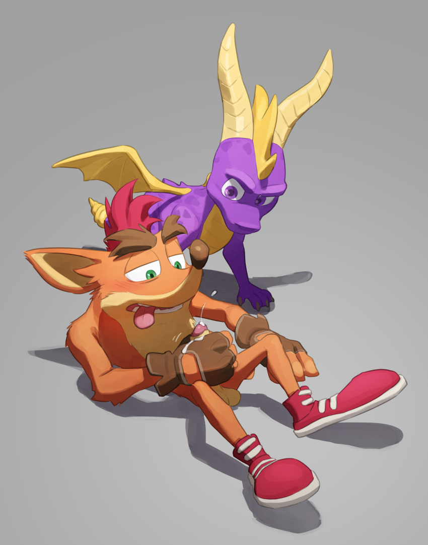 2023 absurd_res activision anthro balls bandicoot biped blush bodily_fluids brown_clothing brown_eyebrows brown_gloves brown_handwear claws clothing crash_bandicoot crash_bandicoot_(series) crossover cum cum_on_hand cum_on_own_hand cum_on_self cumshot digital_media_(artwork) duo ejaculation erection eyebrows feral fingerless_gloves footwear fur genital_fluids genitals glans gloves green_eyes grey_background hair handwear hi_res horn humanoid_genitalia humanoid_penis male mammal marsupial masturbation membrane_(anatomy) membranous_wings multicolored_body multicolored_fur orange_body orange_fur penile penile_masturbation penis pink_glans pngx_(artist) purple_body purple_eyes quadruped red_clothing red_footwear red_hair red_shoes shoes simple_background spyro spyro_the_dragon tan_balls tan_body tan_fur tan_inner_ear tan_penis thick_eyebrows toe_claws tongue tongue_out two_tone_body two_tone_fur wings yellow_body yellow_horn yellow_membrane