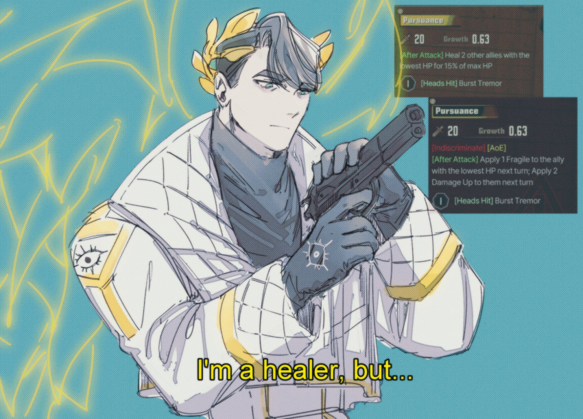 1boy angel_wings aqua_background black_gloves blue_eyes closed_mouth e.g.o_(project_moon) english_text game_screenshot gloves gun highres holding holding_gun holding_weapon i'm_a_healer_but..._(meme) limbus_company long_sleeves male_focus meme meursault_(limbus_company) project_moon solo_focus weapon wenli wings yellow_headwear