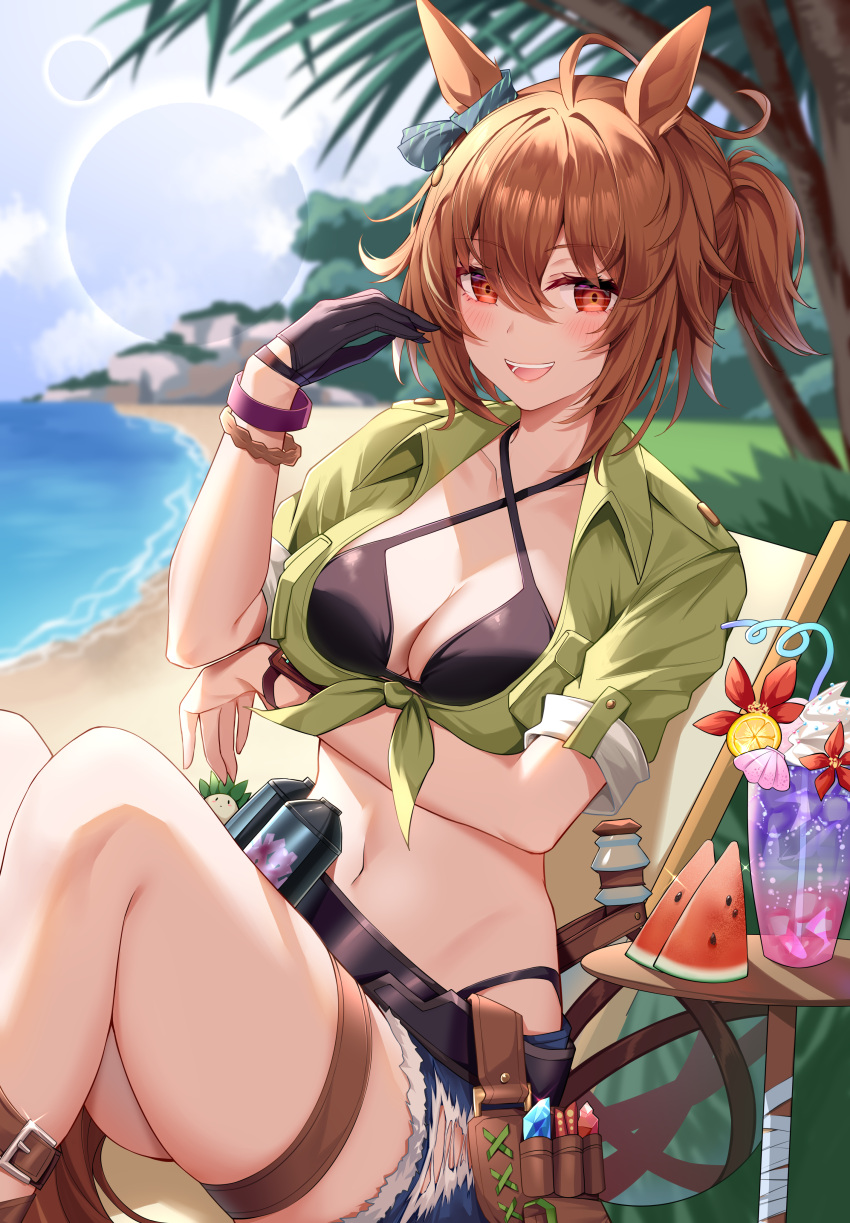 1girl absurdres agnes_tachyon_(lunatic_lab)_(umamusume) agnes_tachyon_(umamusume) ahoge animal_ears bandolier beach bikini black_bikini black_gloves blurry blurry_background blush breasts brown_hair chair cleavage commentary criss-cross_halter denim denim_shorts drink drinking_straw flask food fruit gloves green_shirt hair_between_eyes halterneck highres horse_ears horse_girl horse_tail kii-kun_(agnes_tachyon)_(umamusume) knees_up lens_flare medium_breasts navel official_alternate_costume red_eyes round-bottom_flask sachiko_nya sand shirt short_hair shorts single_glove sitting sleeves_rolled_up smile solo swimsuit table tail teeth thigh_strap tied_shirt umamusume upper_teeth_only water watermelon watermelon_slice