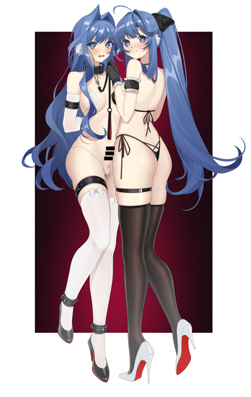 2girls :3 arknights arms_behind_back ass astesia_(arknights) astgenne_(arknights) bar_censor belt black_bow black_bra black_footwear black_gloves black_panties black_thighhighs blue_eyes blue_hair blush bow bra breasts censored collar covered_nipples elbow_gloves erection from_behind full_body futanari gloves hair_bow hair_intakes high_heels highres leash long_hair looking_at_viewer looking_back medium_breasts multiple_girls nervous_sweating panties penis ponytail qianshibu siblings side-tie_panties sisters smile standing sweat testicles thigh_belt thigh_strap thighhighs underwear very_long_hair white_bra white_footwear white_gloves white_panties white_thighhighs