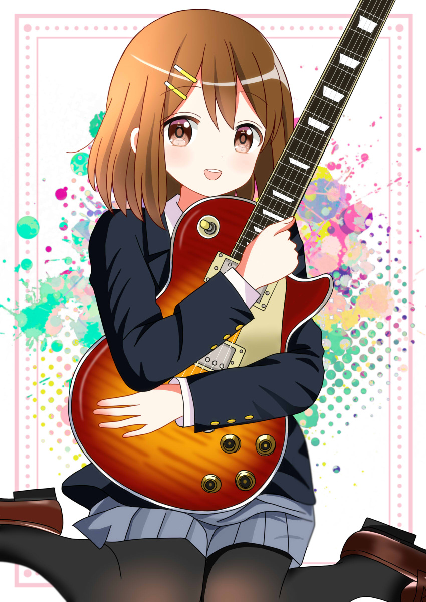 1girl absurdres blazer brown_eyes brown_hair guitar hair_ornament hairclip happy_birthday highres hirasawa_yui holding holding_instrument hugging_object instrument jacket k-on! knees_together_feet_apart loafers looking_at_viewer open_mouth pantyhose ryoutan sakuragaoka_high_school_uniform school_uniform shoes short_hair sitting skirt smile solo