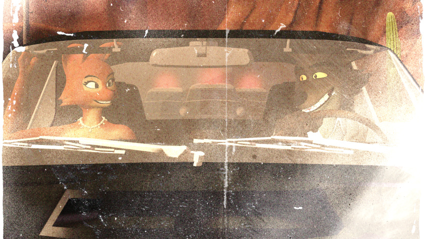 16:9 2023 3d_(artwork) anthro black_car black_eyebrows black_eyes cactus canid canine canis car clothed clothing desert diane_foxington digital_media_(artwork) dreamworks driving duo eyebrows eyelashes female ford ford_mustang fox fur grainy grainy_image grainy_texture grey_body grey_fur hi_res jewelry male mammal mr._wolf_(the_bad_guys) necklace orange_body orange_fur photo plant police_car rearview_mirror smile smiling_at_each_other source_filmmaker the_bad_guys vehicle white_clothing widescreen windshield windshield_wiper wolf wolfnes yellow_sclera