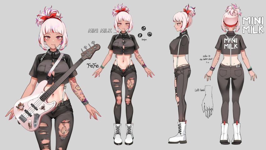1girl anchor_tattoo arm_tattoo artist_request bass_guitar black_pants black_shirt boots chain_earrings character_name collared_shirt colored_tips crop_top cross-shaped_pupils english_text fefe_(vtuber) fender_precision_bass flower_tattoo full_body grey_background hair_ribbon highres indie_virtual_youtuber instrument midriff mismatched_pupils multicolored_hair multiple_bracelets multiple_views navel_piercing open_fly panties pants piercing pink_hair pink_nails pocket red_panties red_ribbon reference_sheet ribbon shirt suspenders symbol-shaped_pupils tan tattoo torn_clothes torn_pants underwear virtual_youtuber white_footwear