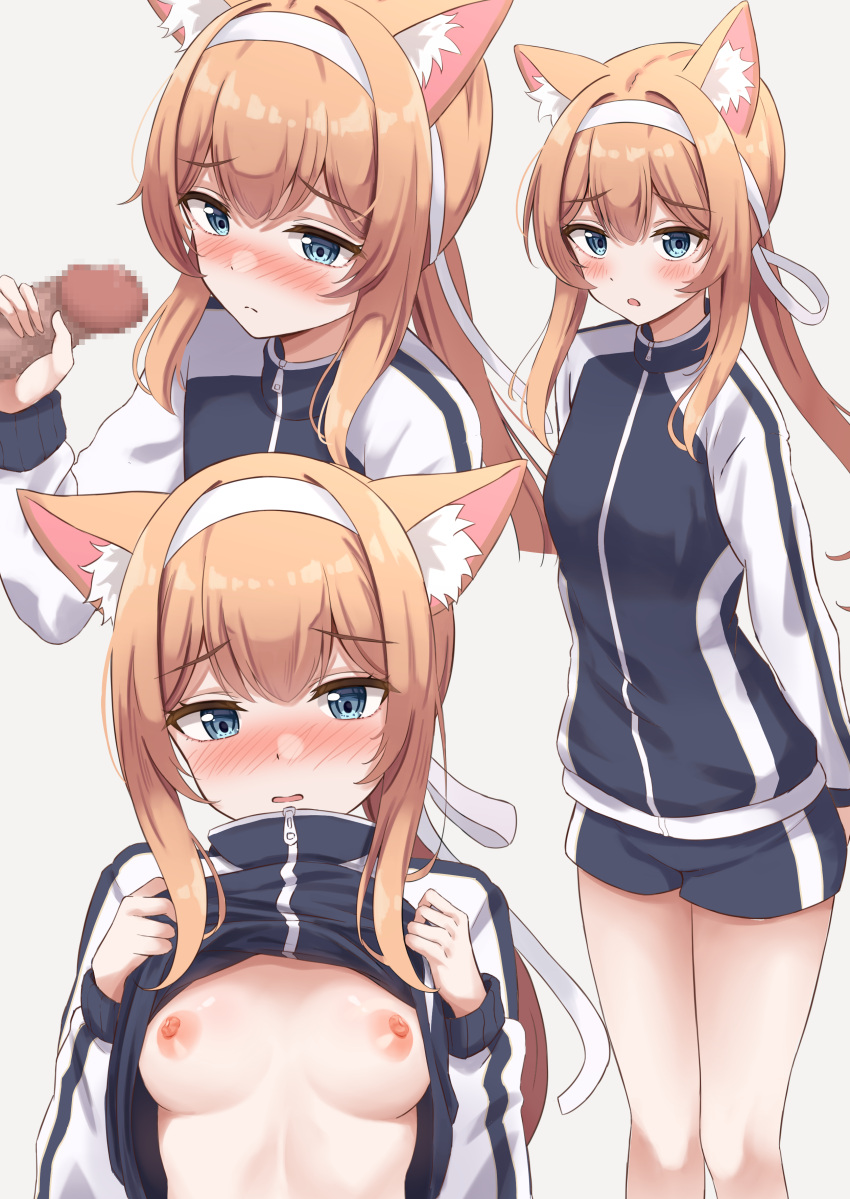 1boy 1girl absurdres animal_ear_fluff animal_ears blue_archive blue_eyes blue_jacket blue_shorts blush breasts censored closed_mouth commentary_request fox_ears fox_girl grey_background gym_shorts gym_uniform hair_ribbon hairband handjob hetero highres jacket jacket_lift lifted_by_self long_hair long_sleeves mari_(blue_archive) mari_(track)_(blue_archive) medium_breasts mosaic_censoring nipples no_halo nose_blush official_alternate_costume orange_hair paid_reward_available parted_lips penis ponytail ribbon short_shorts shorts sidelocks simple_background thalia track_jacket white_hairband white_ribbon