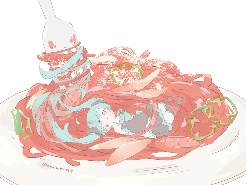 absurdly_long_hair absurdres aqua_eyes aqua_hair aqua_necktie bell_pepper_slice black_skirt black_thighhighs commentary_request food fork hatsune_miku highres jitome light_smile long_hair lying necktie nunumo on_back pasta plate simple_background skirt solo spaghetti thighhighs twintails twitter_username very_long_hair vocaloid white_background