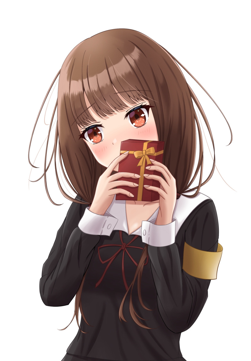 1girl armband averting_eyes black_dress blunt_bangs blush brown_hair collared_dress dress head_tilt highres iino_miko kaguya-sama_wa_kokurasetai_~tensai-tachi_no_renai_zunousen~ long_hair long_sleeves low_twintails miyuki_kotori red_eyes school_uniform shuuchiin_academy_school_uniform simple_background solo twintails upper_body valentine white_background