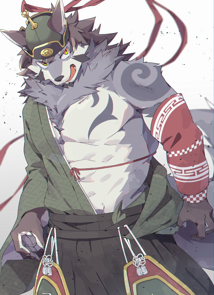 abs anthro bare_chest canid canine canis clothing fur grey_body grey_fur hat headgear headwear hi_res lifewonders male mammal mongolian_clothing muscular muscular_anthro muscular_male pecs sakehabera solo temujin tokyo_afterschool_summoners wolf yellow_eyes